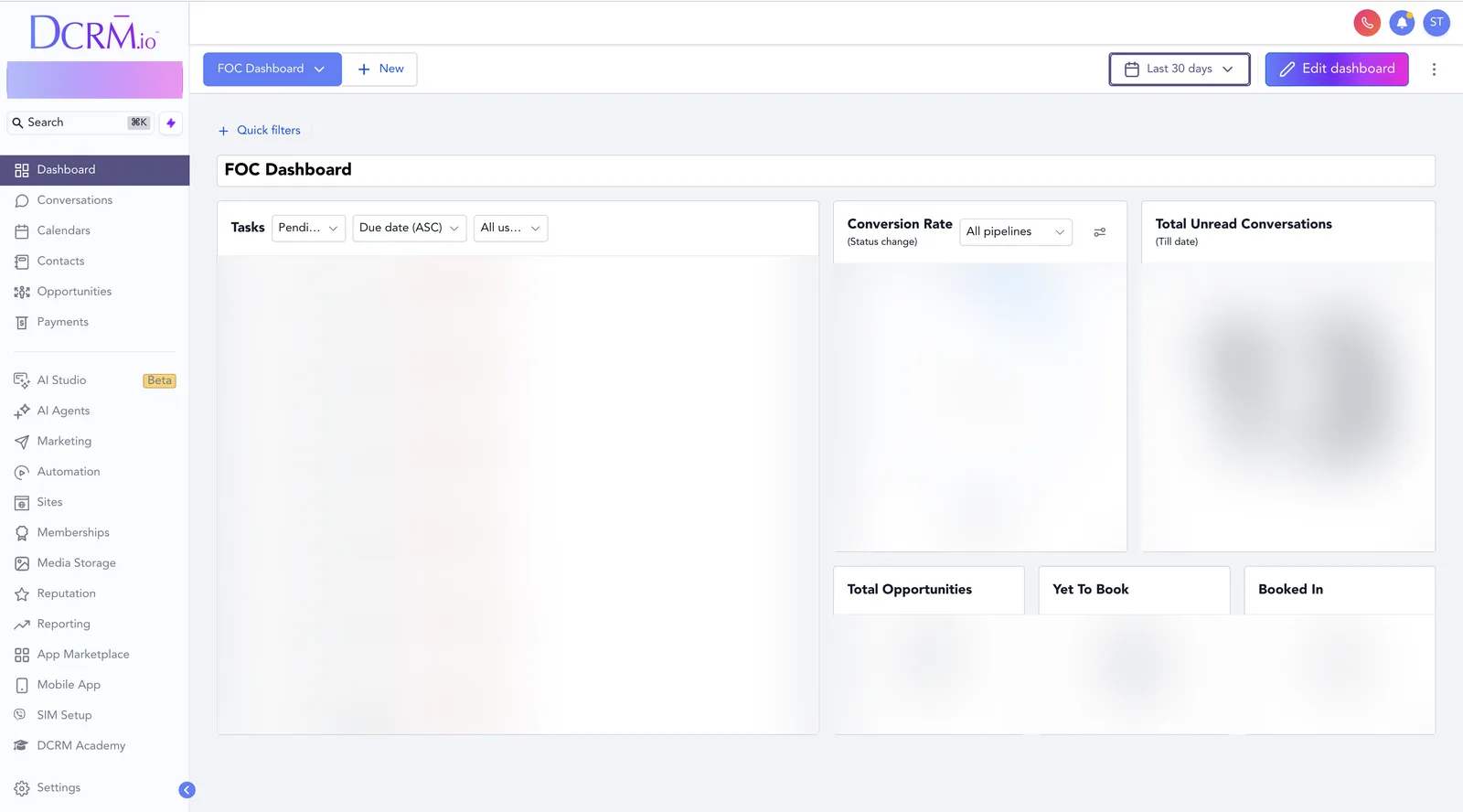 DCRM practice dashboard in GoHighLevel, white-labelled with the DCRM brand, client data blurred